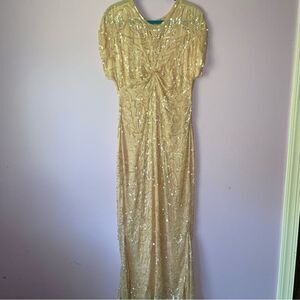 Vintage Size M Pastel Peach Silk Sequin Ball Gown Formal Dress Modest Hoco Prom